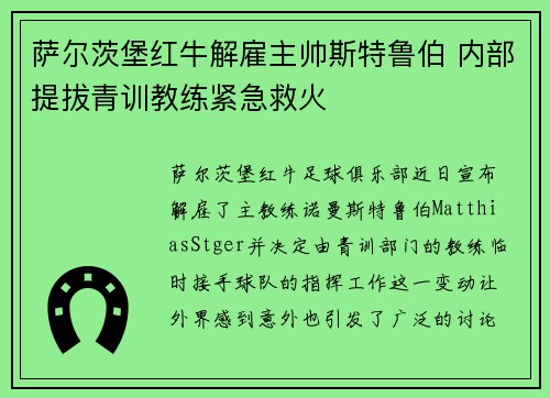 萨尔茨堡红牛解雇主帅斯特鲁伯 内部提拔青训教练紧急救火